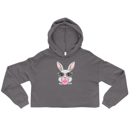 Funny bunny crop hoodie in gray with a bunny wearing sunglasses blowing bubblegum