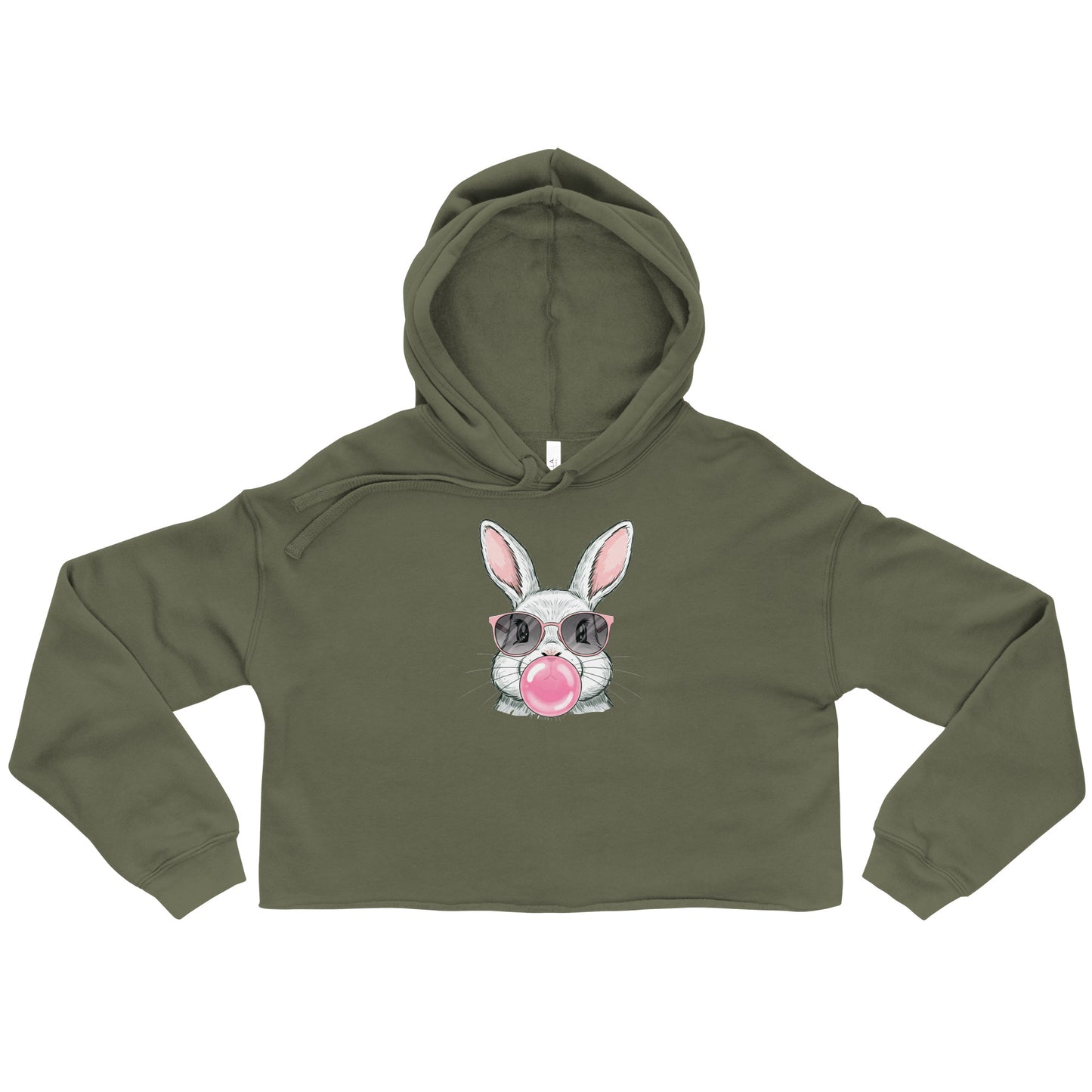Olive green crop top hoodie with funny bunny crop hoodie graphic of a bunny wearing sunglasses and blowing bubblegum