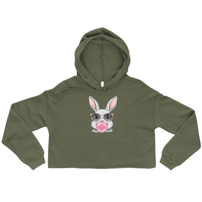 Olive green crop top hoodie with funny bunny crop hoodie graphic of a bunny wearing sunglasses and blowing bubblegum
