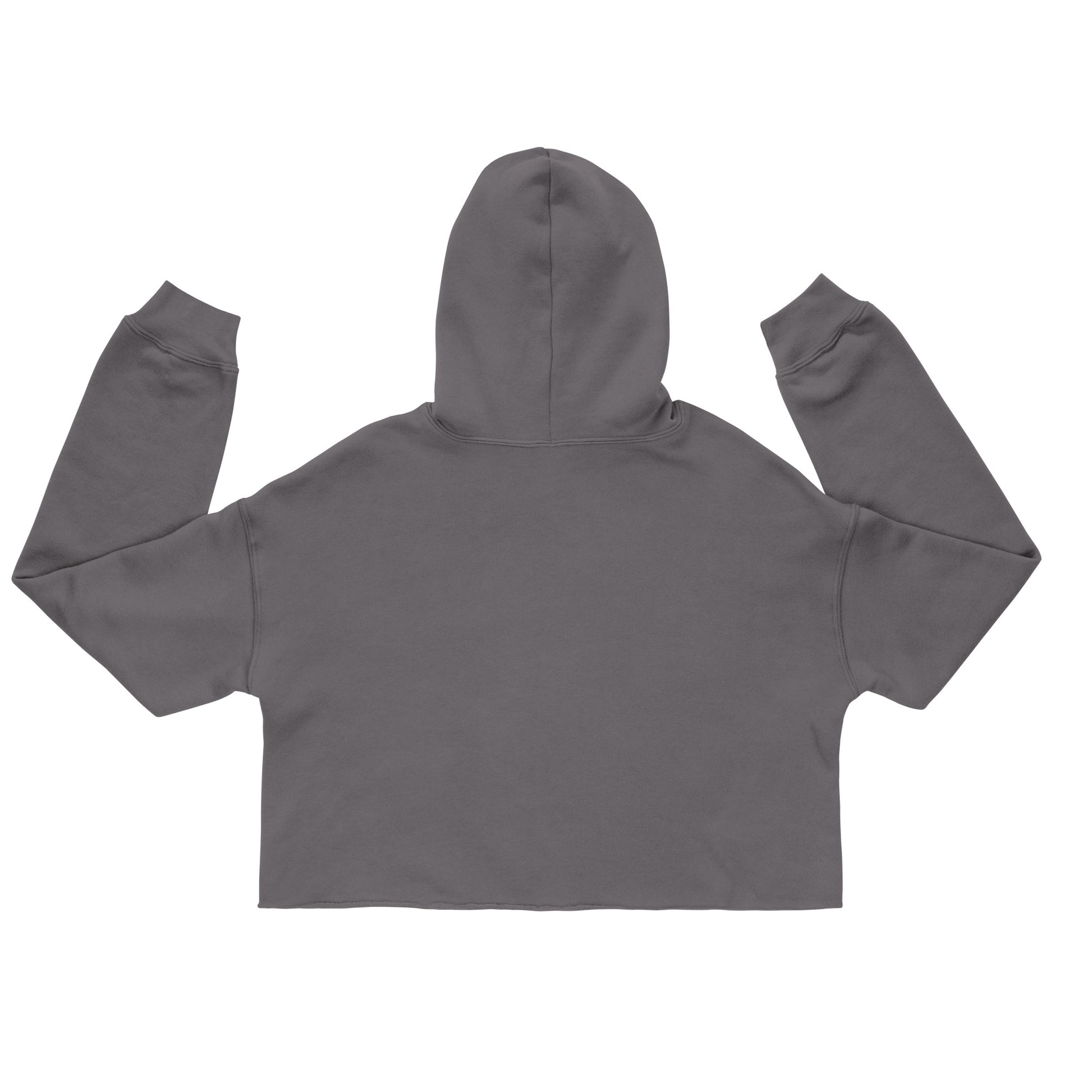 Gray back view of funny giraffe crop top hoodie with long sleeves and hood by LuckeLadybug