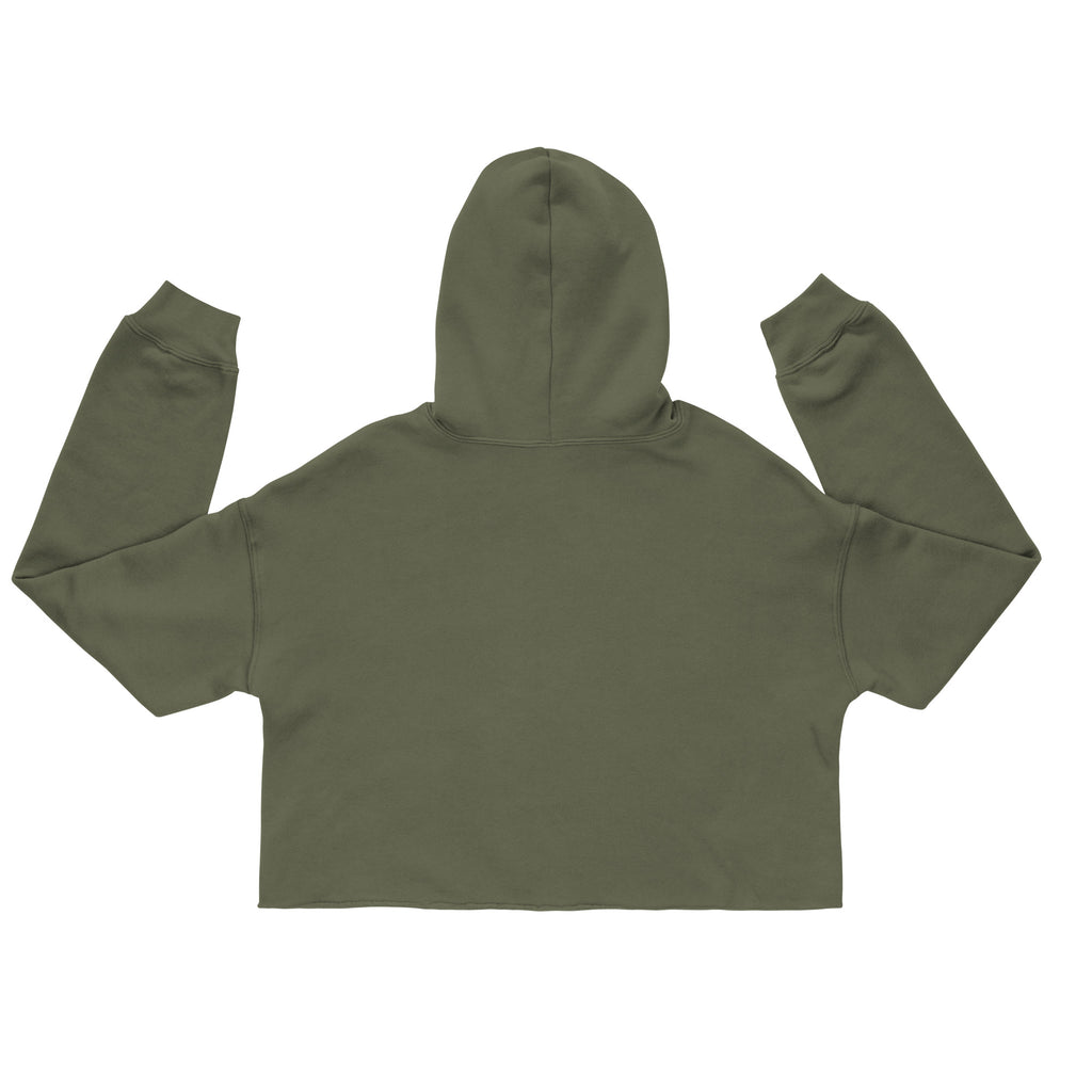 Back view of olive green funny giraffe crop top hoodie with long sleeves and attached hood