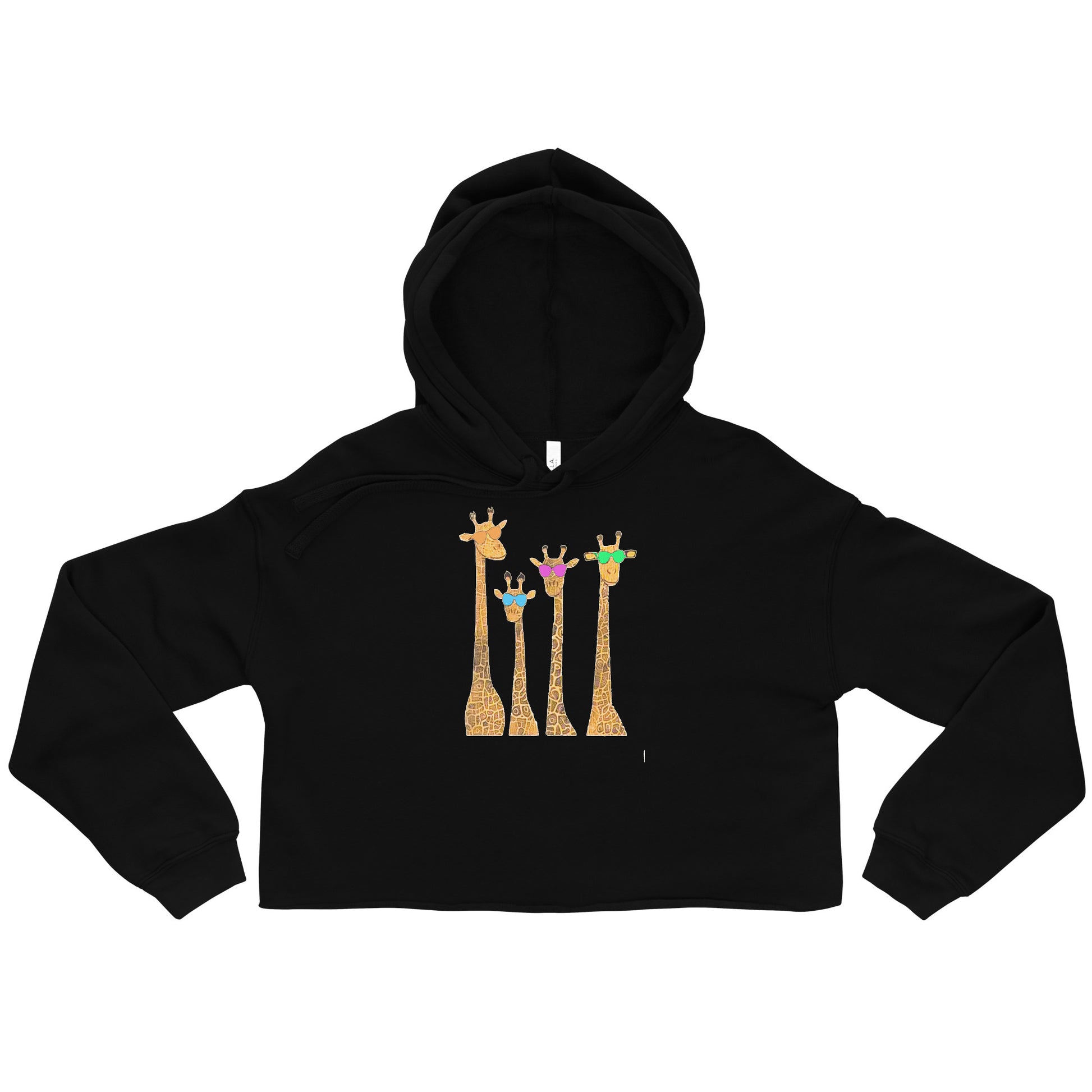 Black funny giraffe crop top hoodie with four colorful cartoon giraffes on front