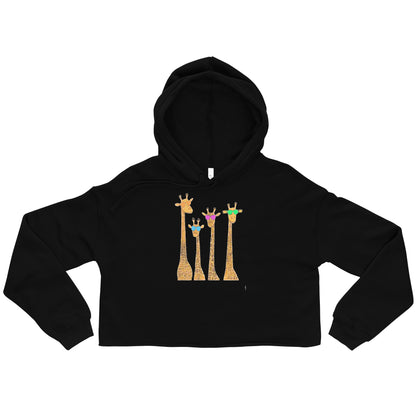 Black funny giraffe crop top hoodie with four colorful cartoon giraffes on front