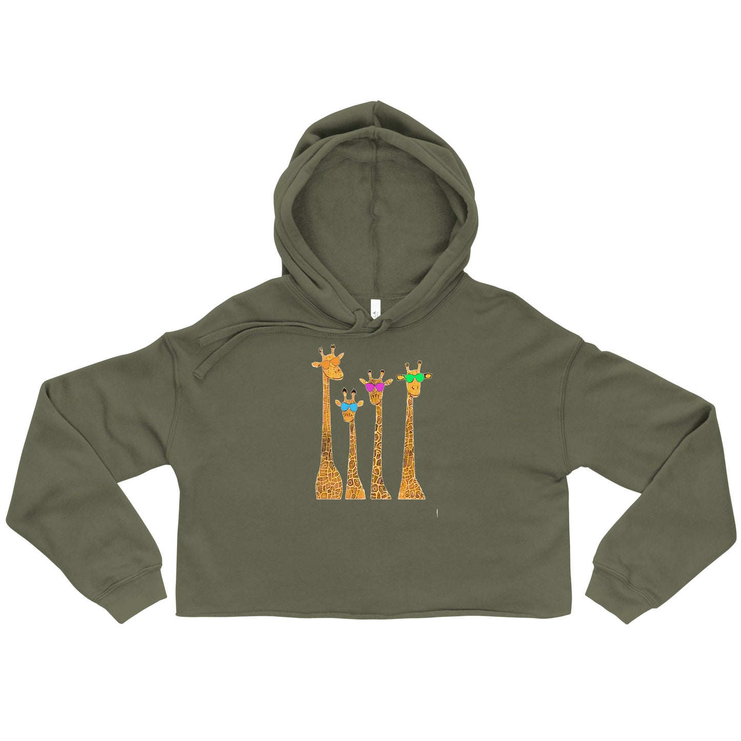 Funny giraffe crop top hoodie in olive green with four colorful giraffes graphic design