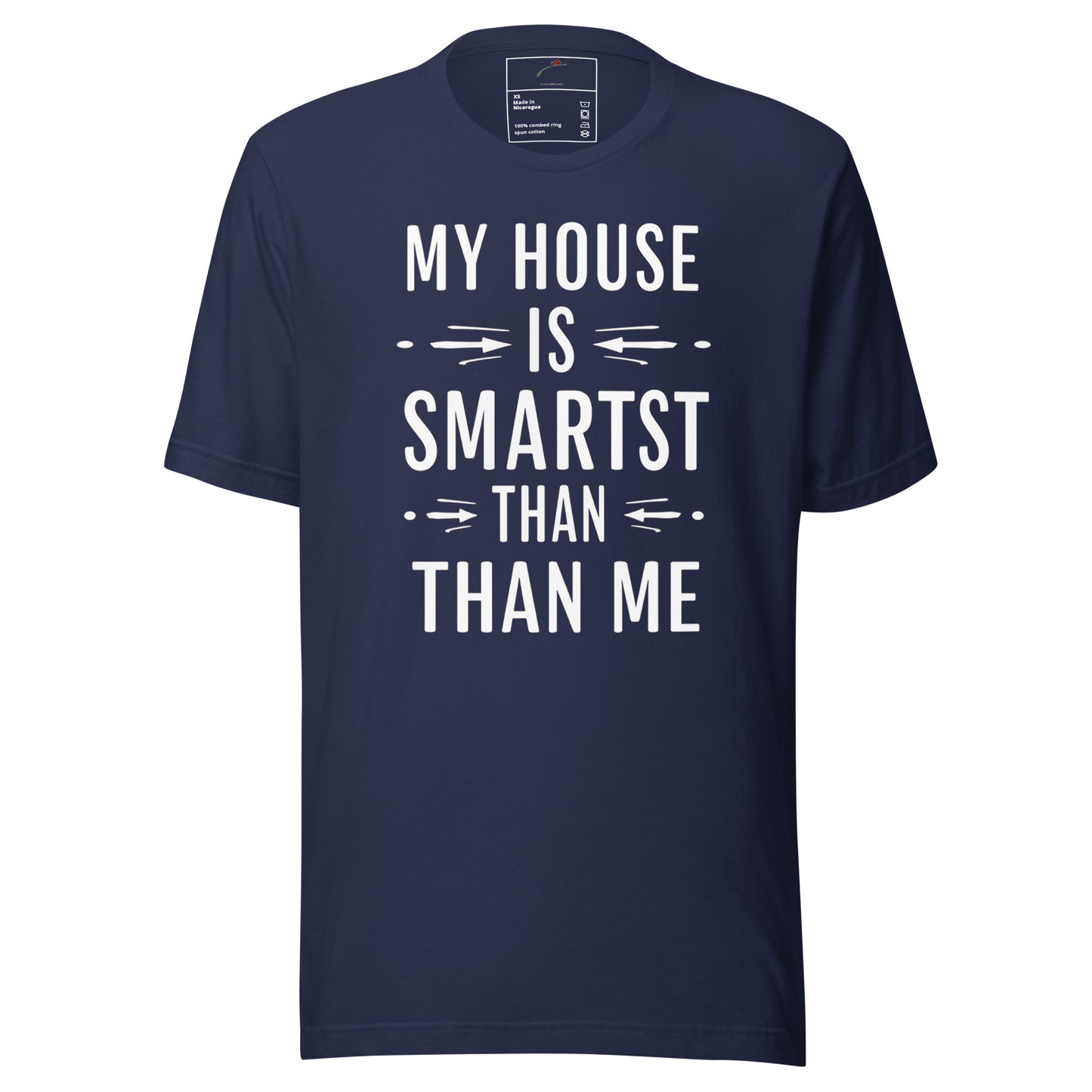 LuckeLadybug navy blue cotton t shirt with white slogan My House Is Smartest Than Than Me funny smart home t-shirt