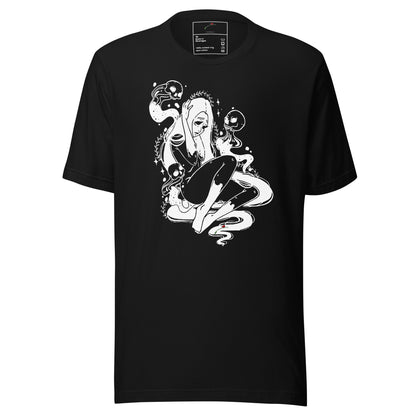 LuckeLadybug black T shirt featuring a monochrome ghostly girl skull graphic tee design with skulls and tentacles