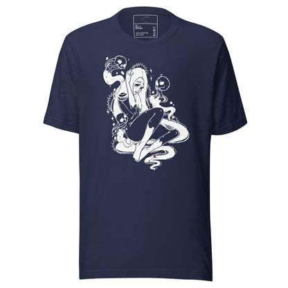 LuckeLadybug navy t shirt featuring ghostly girl skull graphic tee with white eerie girl and floating skulls