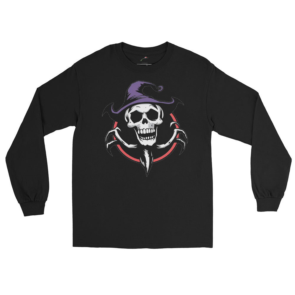 LuckeLadybug black long sleeve ghoul graphic t-shirt featuring skull with purple witch hat and red circular claw design