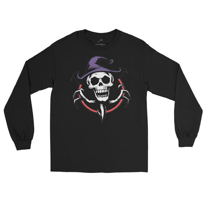 LuckeLadybug black long sleeve ghoul graphic t-shirt featuring skull with purple witch hat and red circular claw design