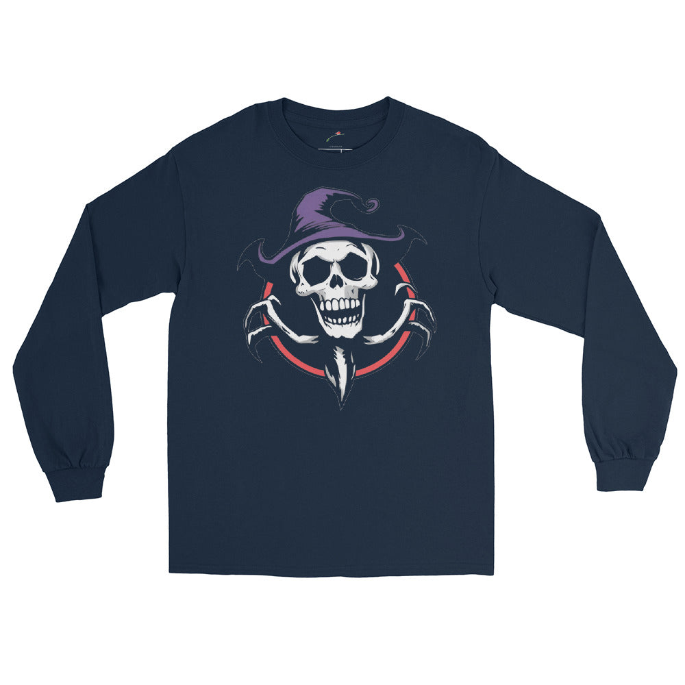 LuckeLadybug navy long sleeve ghoul graphic t-shirt featuring skull with purple witch hat and scythe design