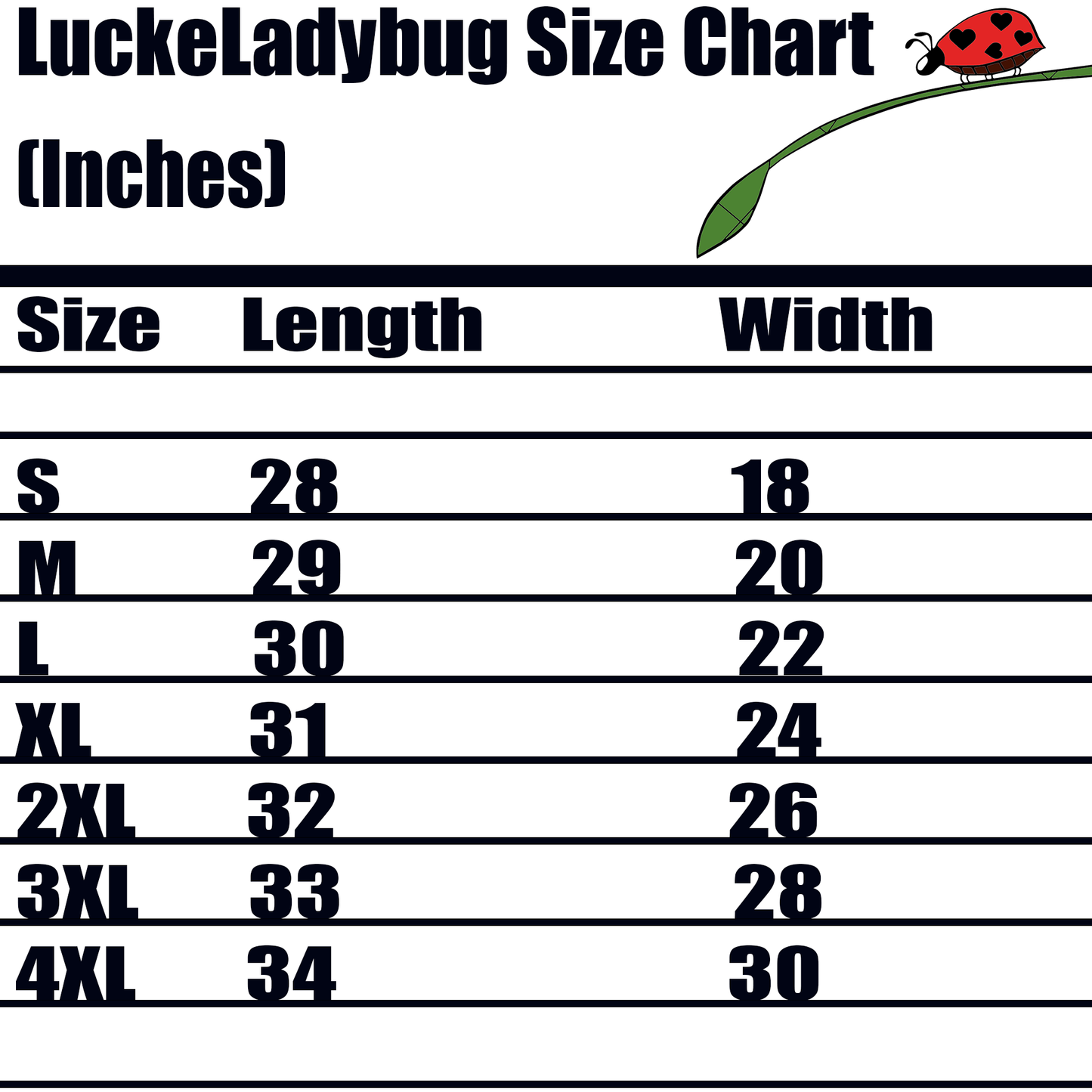 LuckeLadybug size chart in inches showing S to 4XL lengths and widths for ghoul graphic t-shirt