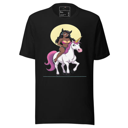 LuckeLadybug black cotton girl riding unicorn t-shirt with dark skinned girl on white unicorn and pink mane