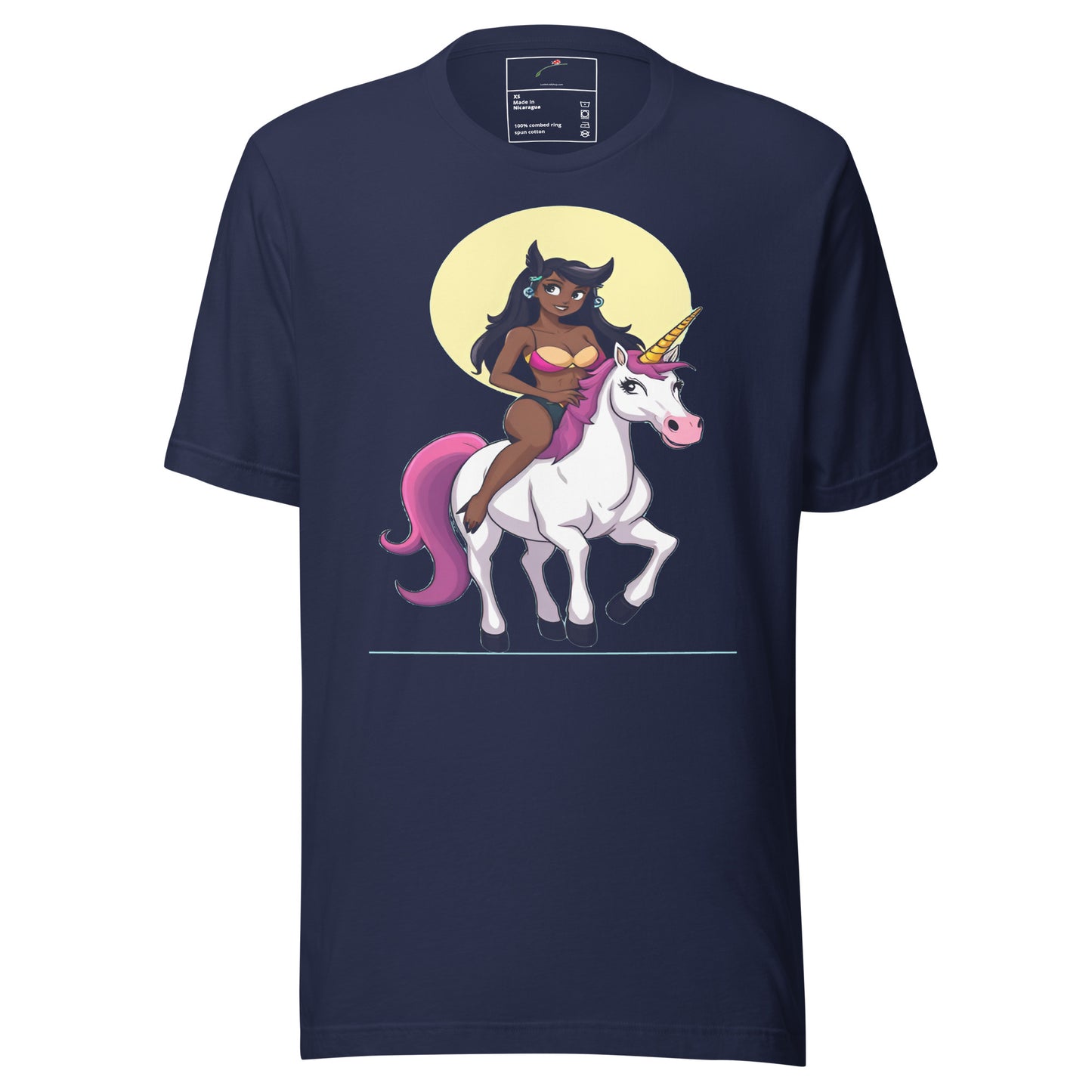 LuckeLadybug navy tee with girl riding unicorn t-shirt graphic showing dark skinned girl on white unicorn