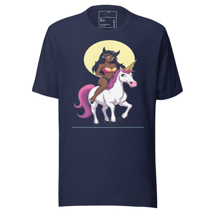 LuckeLadybug navy tee with girl riding unicorn t-shirt graphic showing dark skinned girl on white unicorn