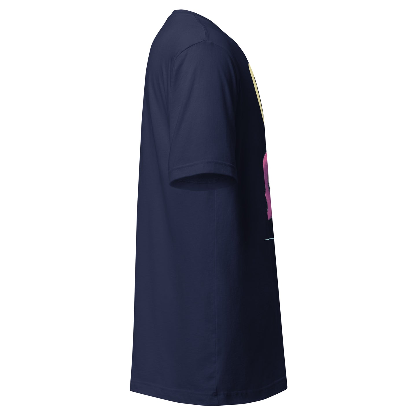 LuckeLadybug navy blue cotton girl riding unicorn t-shirt side view with colorful unicorn graphic