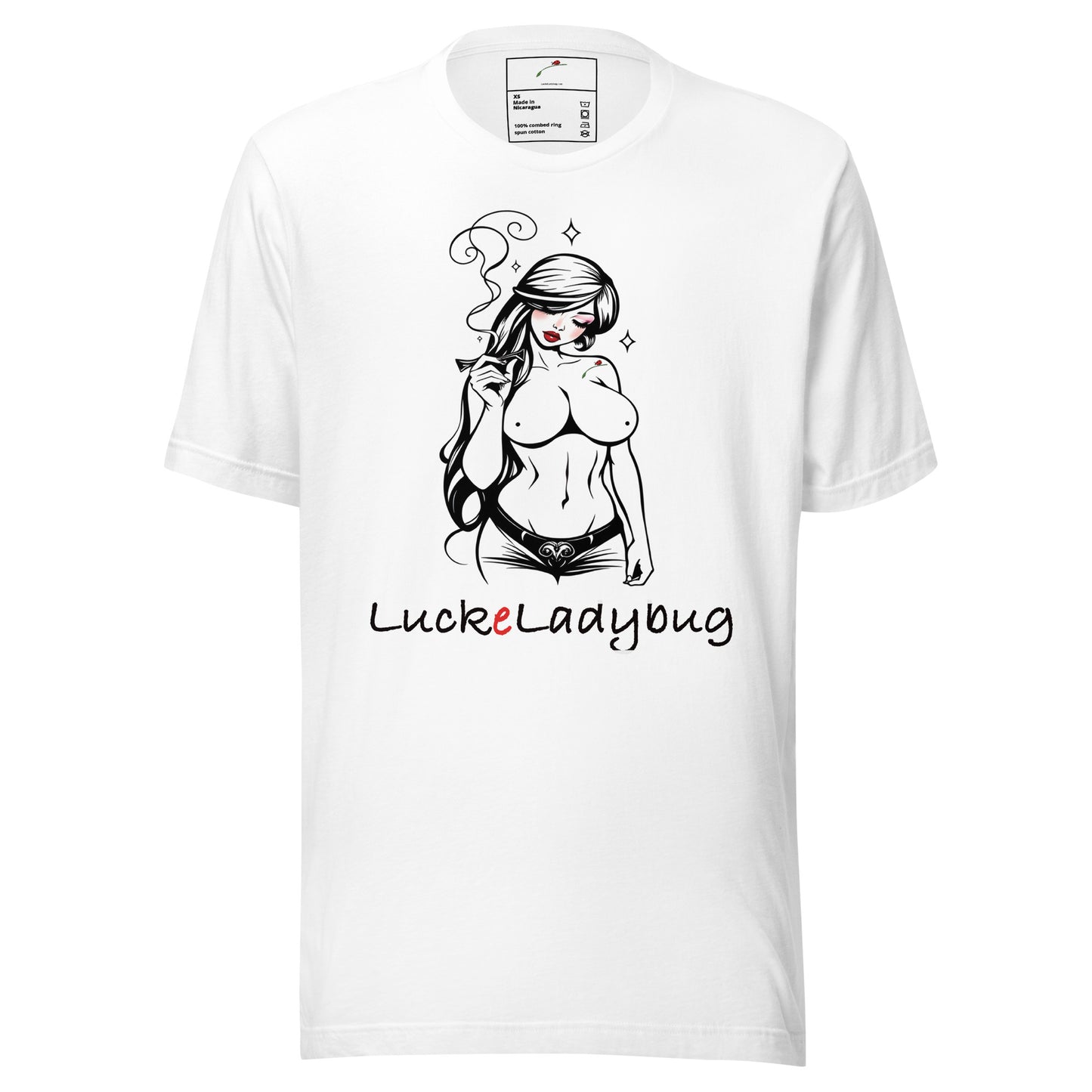 LuckeLadybug white T shirt with topless cartoon woman smoking artwork girl smoking graphic tee