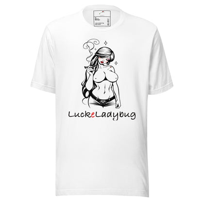 LuckeLadybug white T shirt with topless cartoon woman smoking artwork girl smoking graphic tee