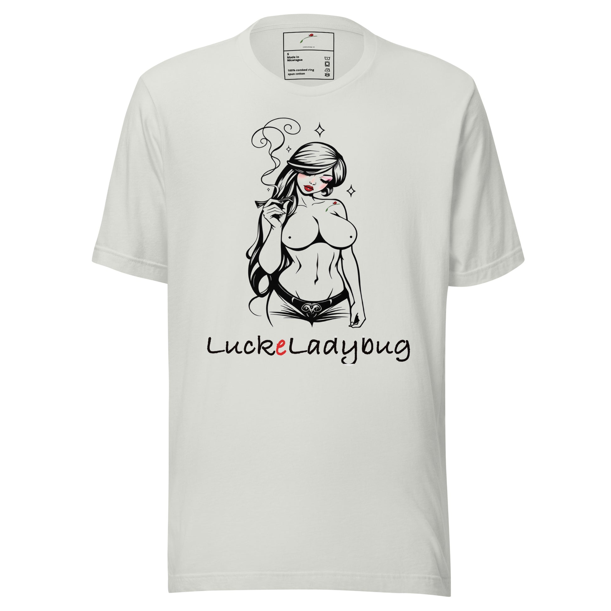 LuckeLadybug white cotton T shirt with bold girl smoking graphic tee print of stylized topless woman