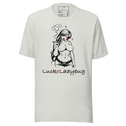 LuckeLadybug white cotton T shirt with bold girl smoking graphic tee print of stylized topless woman