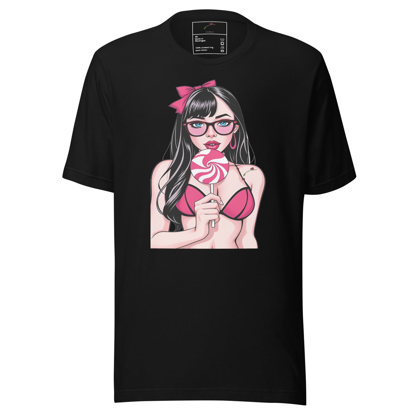 LuckeLadybug black t shirt with anime girl with lollipop graphic tee wearing pink bikini and glasses