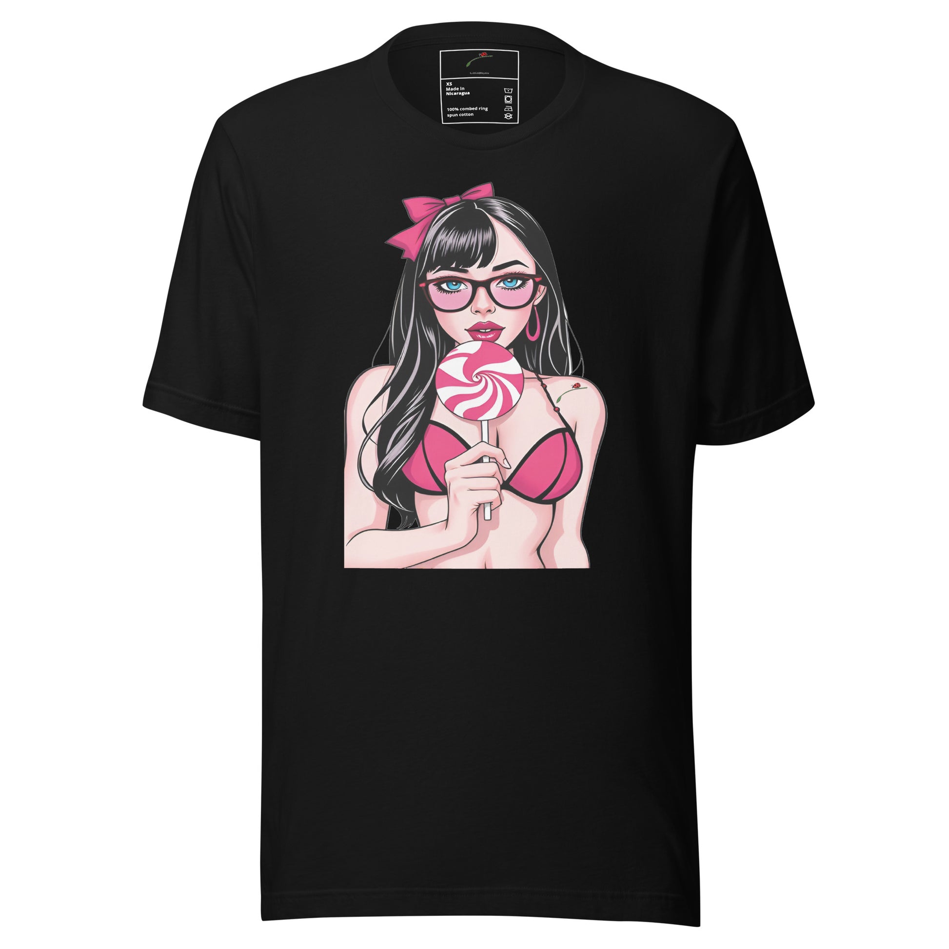 LuckeLadybug black t shirt with anime girl with lollipop graphic tee wearing pink bikini and glasses