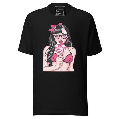 LuckeLadybug black t shirt with anime girl with lollipop graphic tee wearing pink bikini and glasses