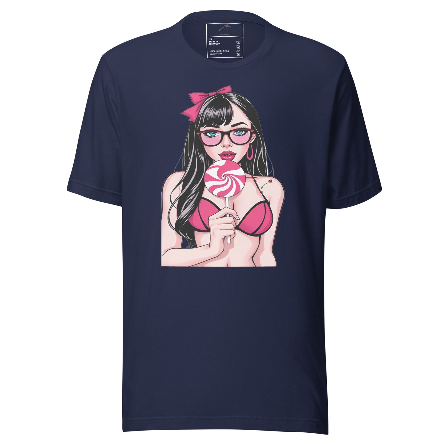 LuckeLadybug navy tee featuring girl with lollipop graphic tee anime style girl in pink top holding swirled lollipop