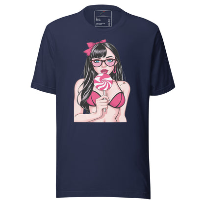 LuckeLadybug navy tee featuring girl with lollipop graphic tee anime style girl in pink top holding swirled lollipop