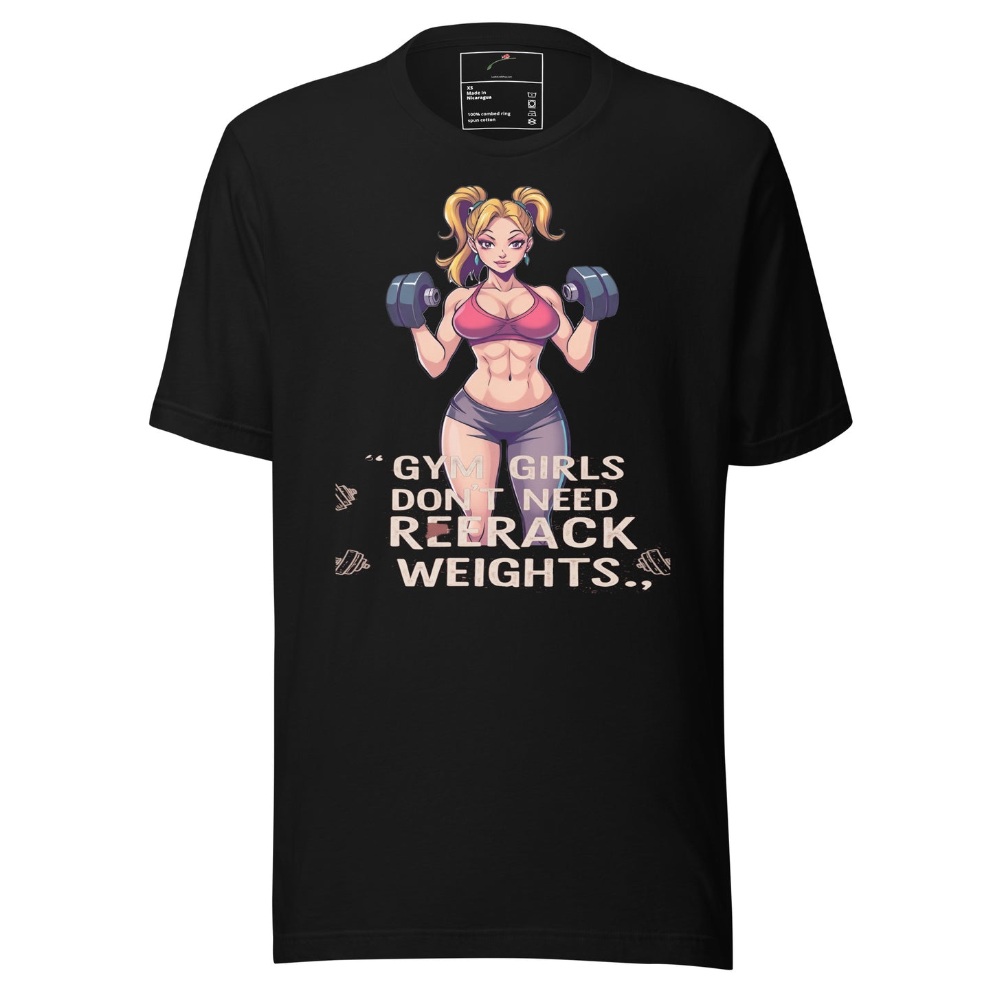 LuckeLadybug black girls gym graphic t shirt showing cartoon fit woman holding dumbbells with bold slogan