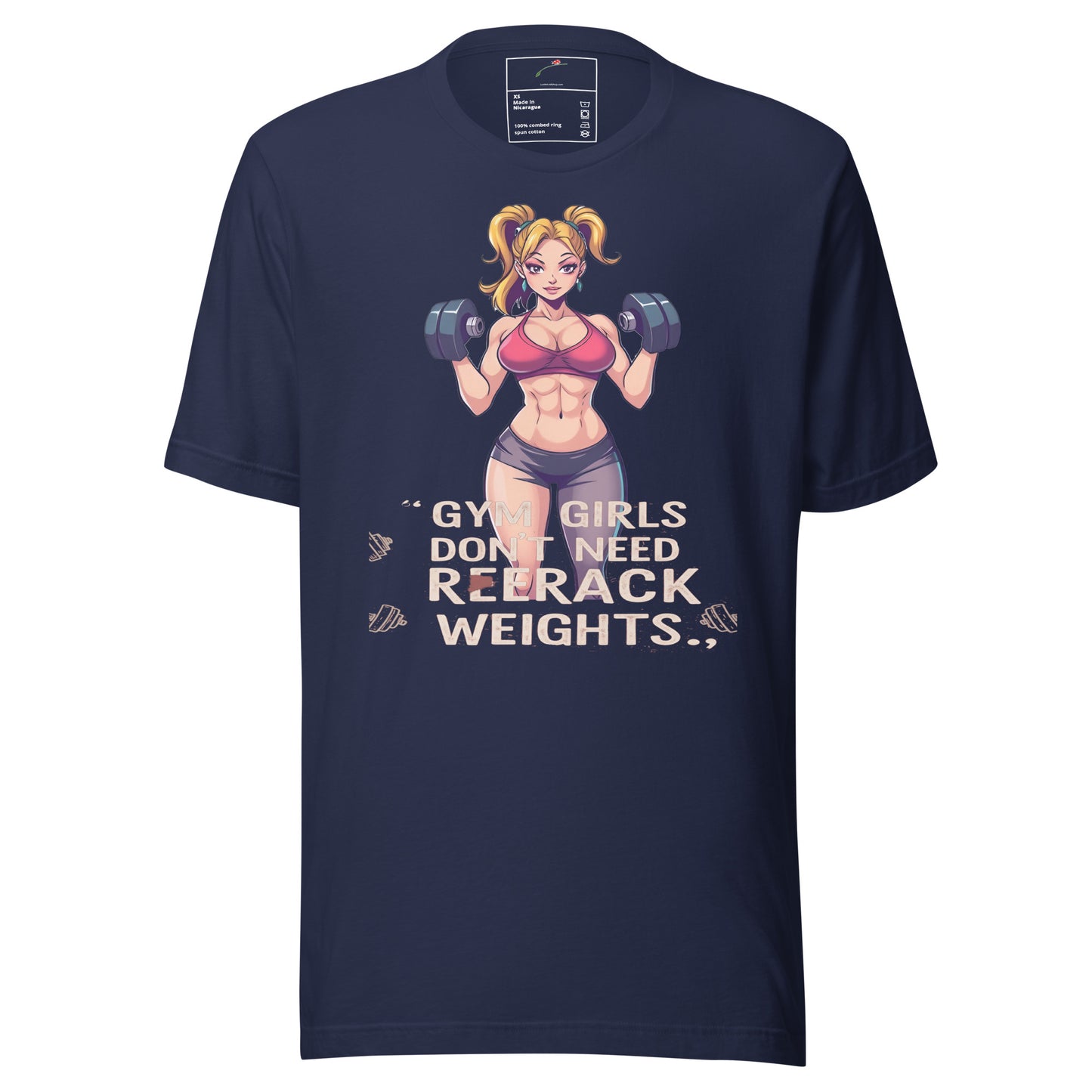LuckeLadybug navy girls gym graphic t shirt featuring cartoon fit blonde woman lifting dumbbells and slogan