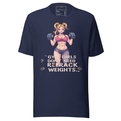 LuckeLadybug navy girls gym graphic t shirt featuring cartoon fit blonde woman lifting dumbbells and slogan