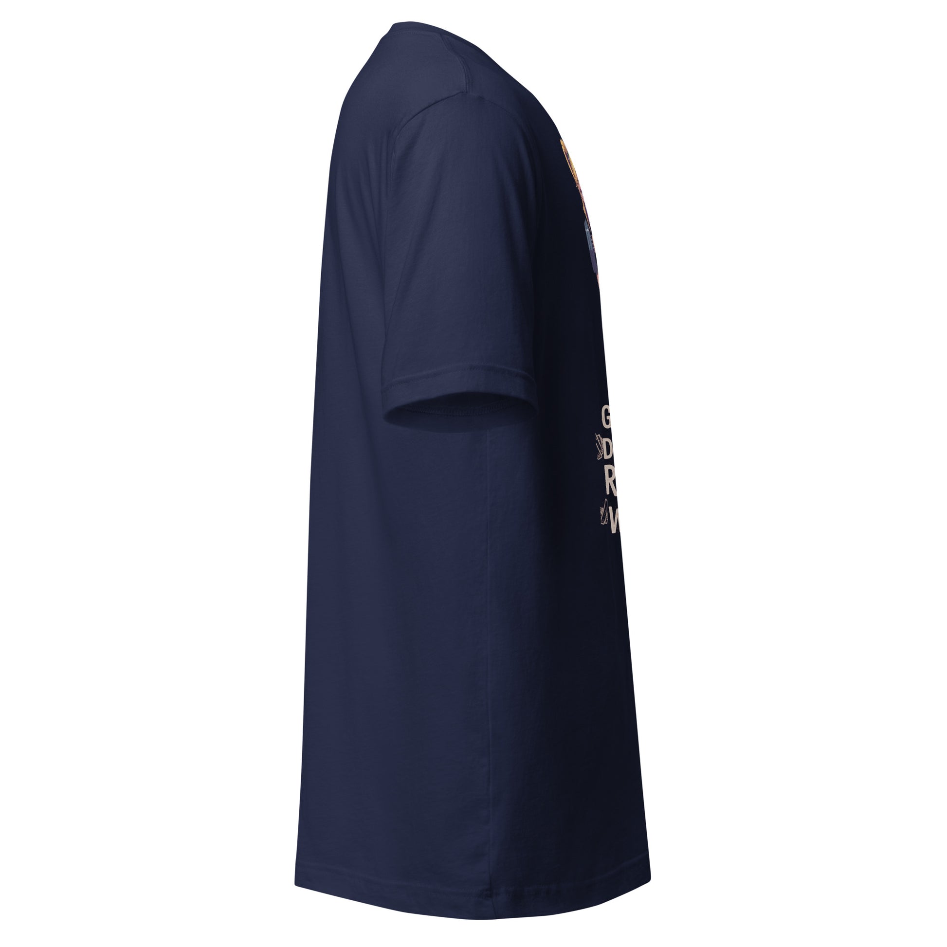 LuckeLadybug navy crewneck short sleeve girls gym graphic t shirt side view showing front print