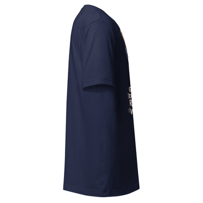 LuckeLadybug navy crewneck short sleeve girls gym graphic t shirt side view showing front print