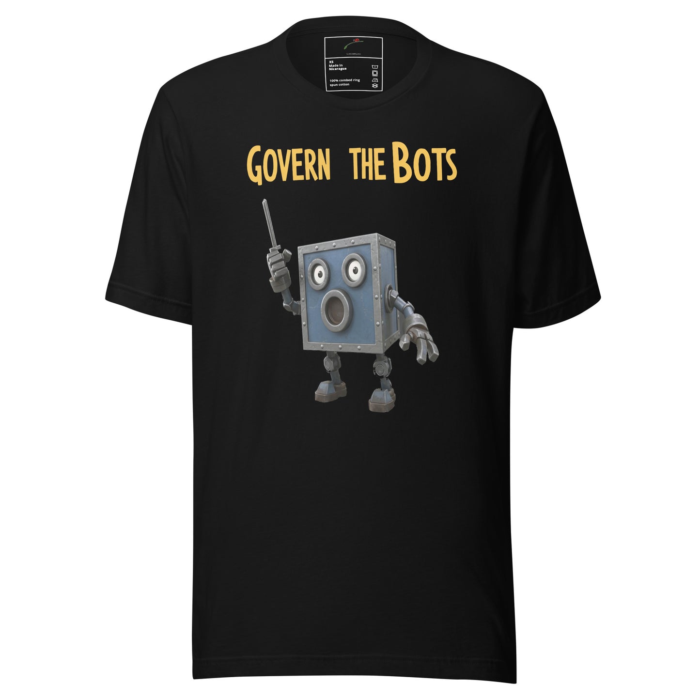 LuckeLadybug black t shirt with cartoon box robot and yellow Govern The Bots t-shirt front print