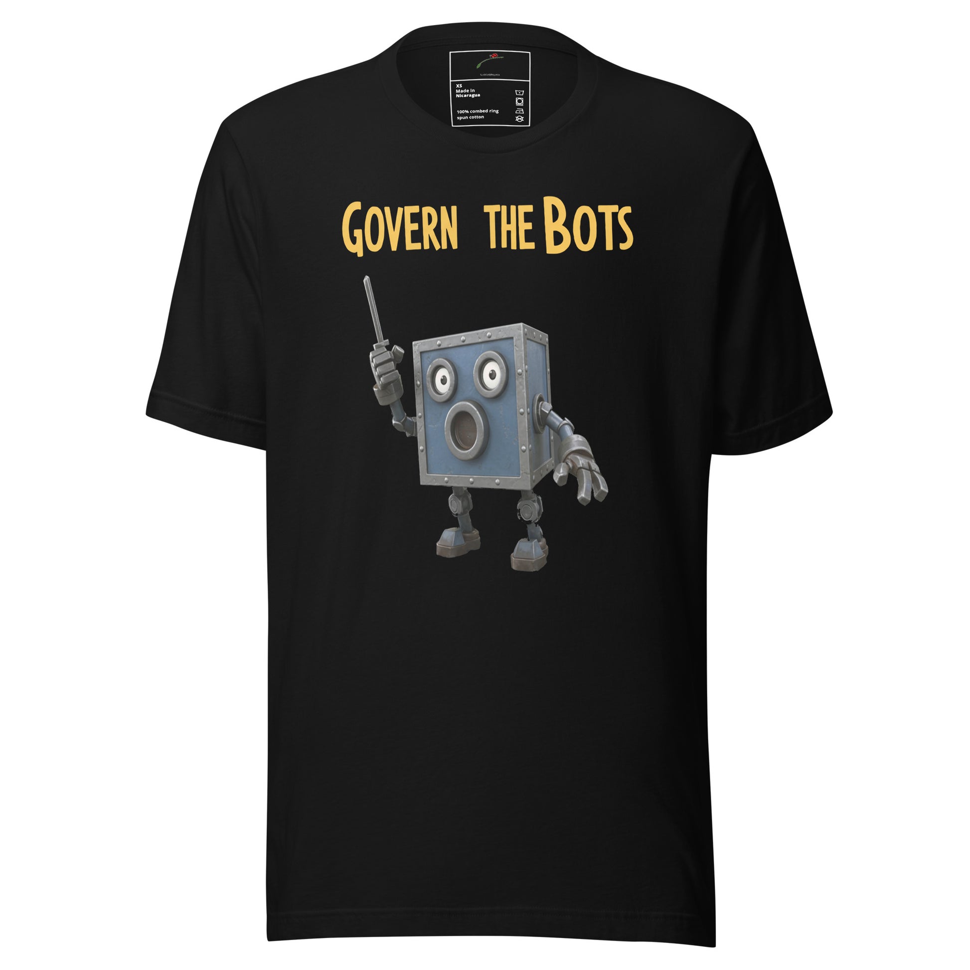 LuckeLadybug black t shirt with cartoon box robot and yellow Govern The Bots t-shirt front print