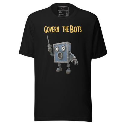 LuckeLadybug black t shirt with cartoon box robot and yellow Govern The Bots t-shirt front print