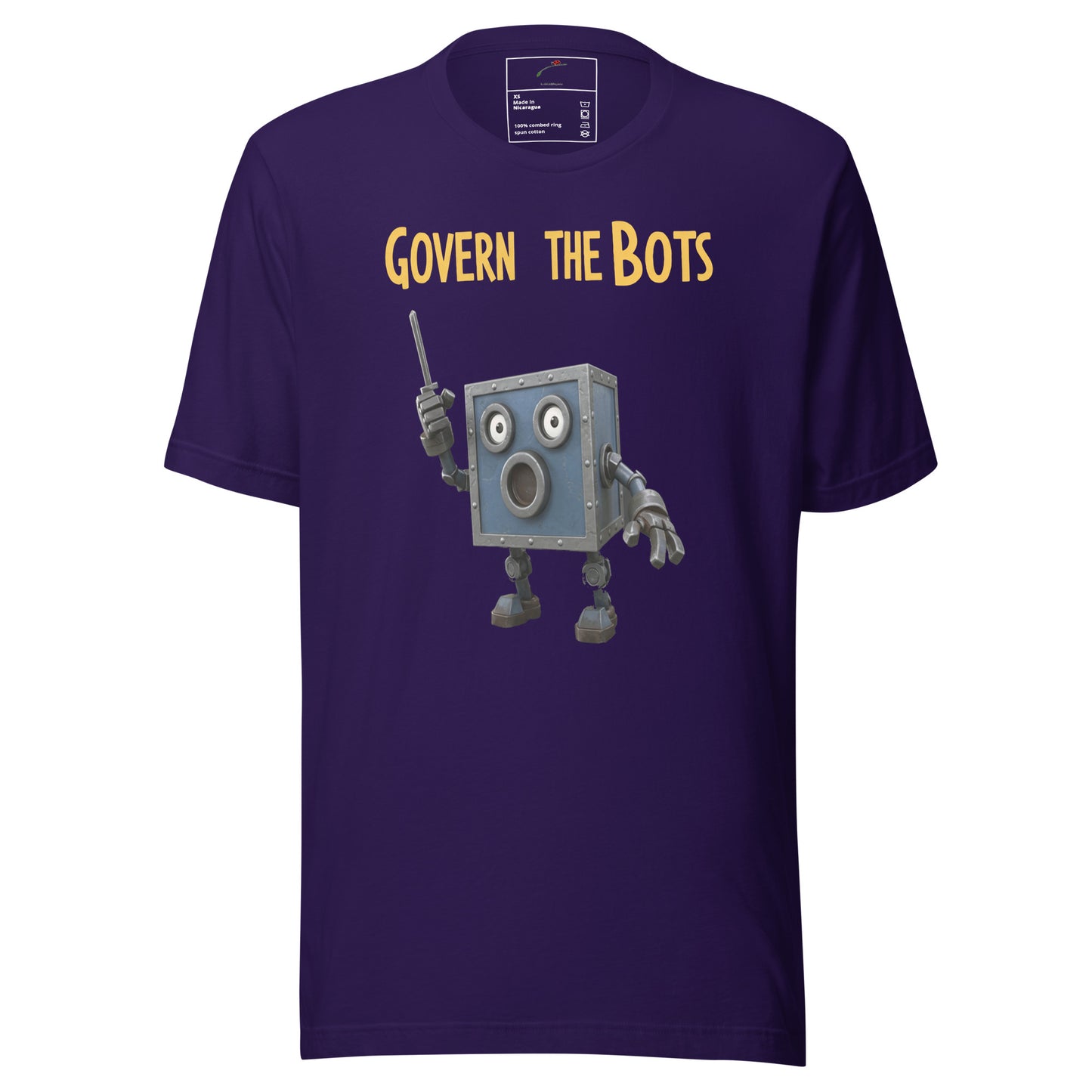 LuckeLadybug purple T shirt with cartoon box robot holding a pointer and Govern The Bots t-shirt graphic