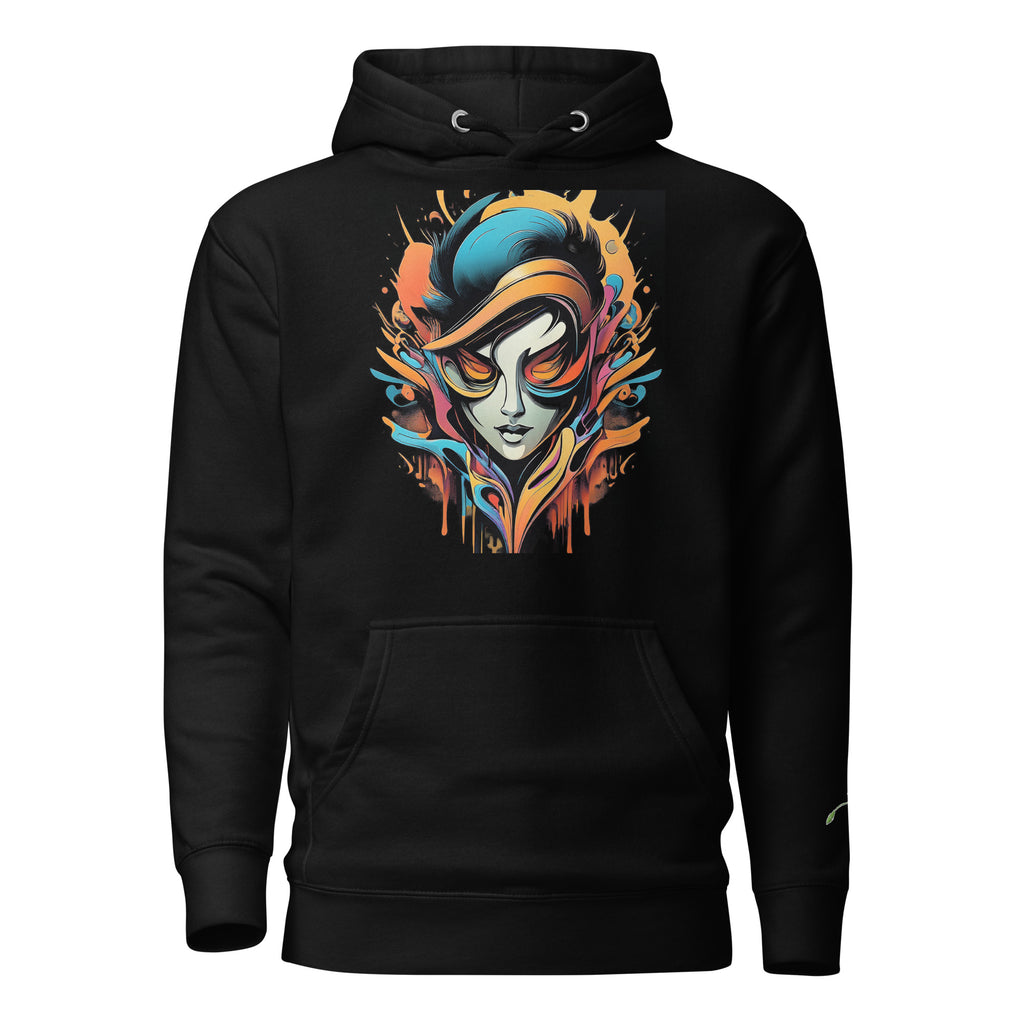 Black LuckeLadybug graffiti abstract hoodie featuring colorful artistic face design on front