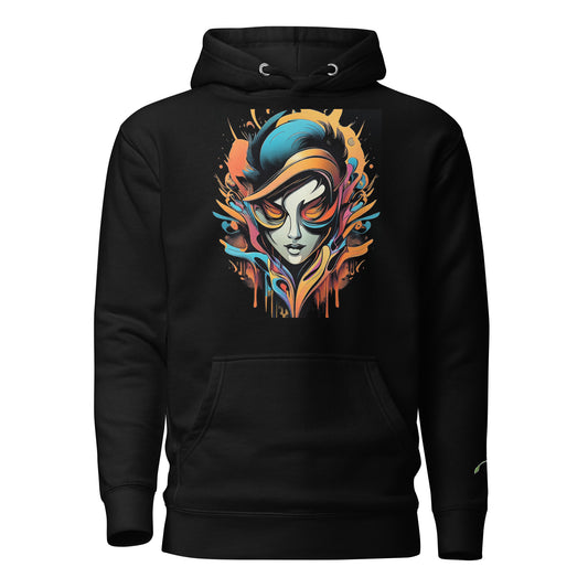 Black LuckeLadybug graffiti abstract hoodie featuring colorful artistic face design on front