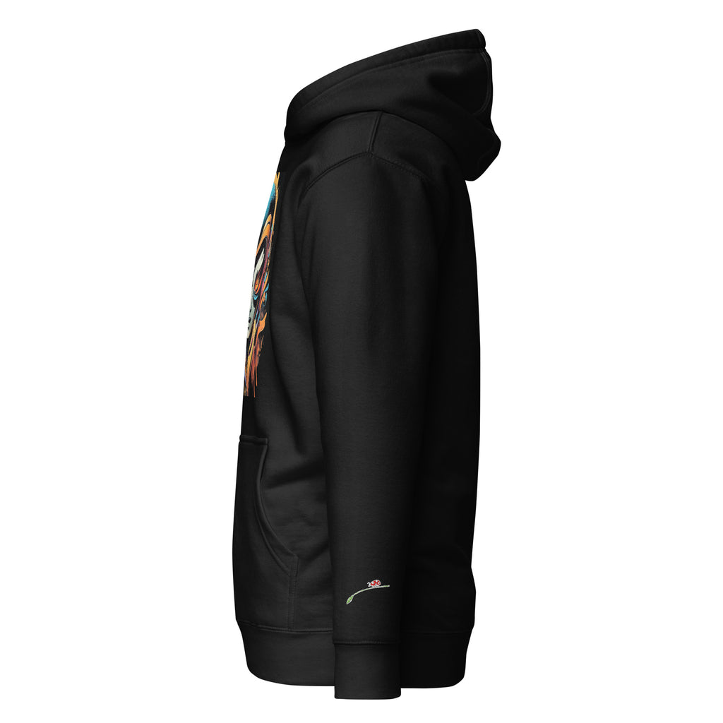 Side view of black graffiti abstract hoodie by LuckeLadybug with colorful front design and front pocket