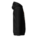 Side view of black LuckeLadybug graffiti abstract hoodie with colorful front design and kangaroo pocket