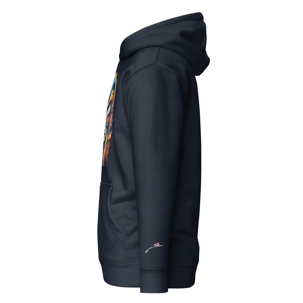 Side view of black LuckeLadybug graffiti abstract hoodie with colorful front design and front pocket
