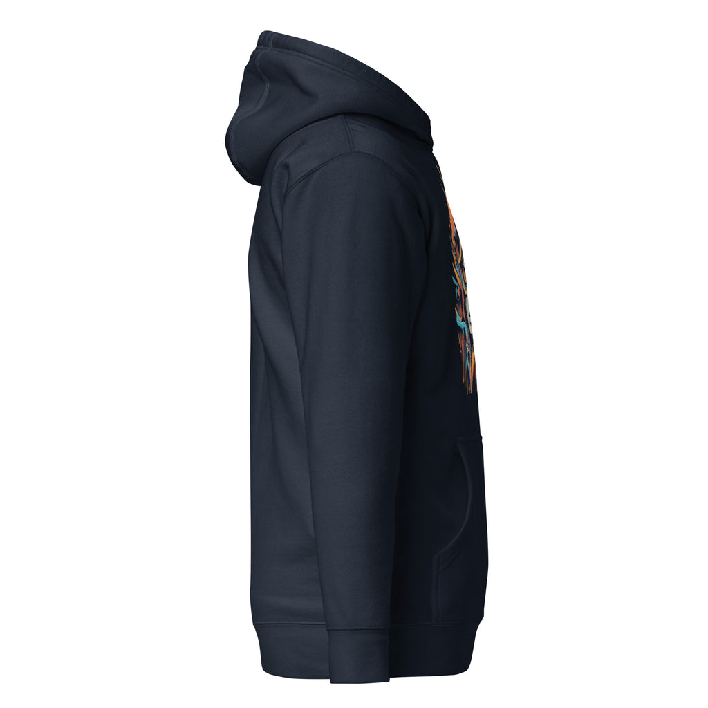 LuckeLadybug black graffiti abstract hoodie with colorful front design and hood in side view