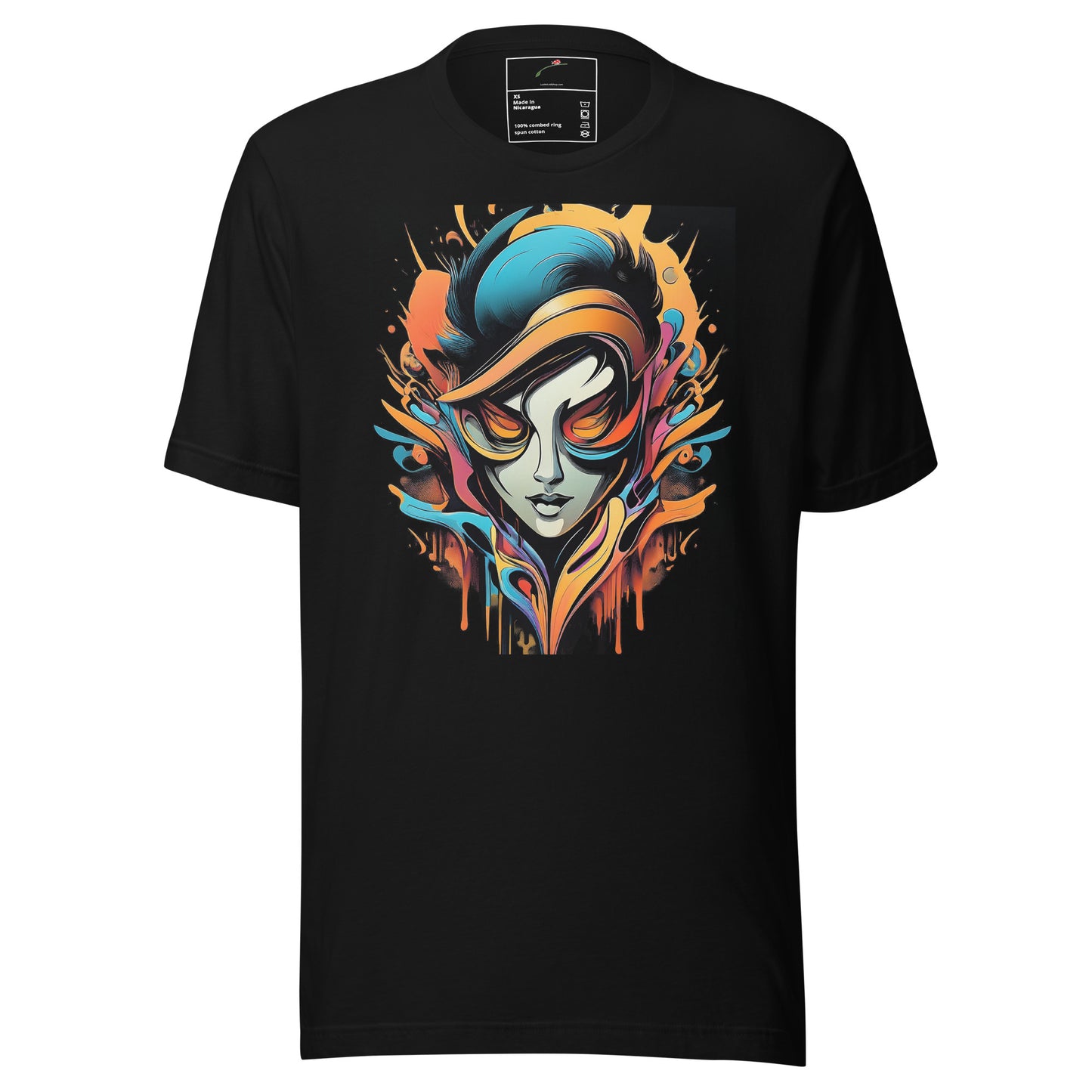Black LuckeLadybug graffiti abstract t-shirt featuring colorful artistic face design