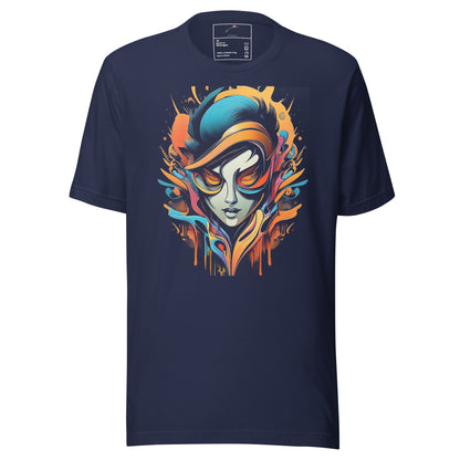 LuckeLadybug navy blue graffiti abstract t-shirt with colorful artistic face design