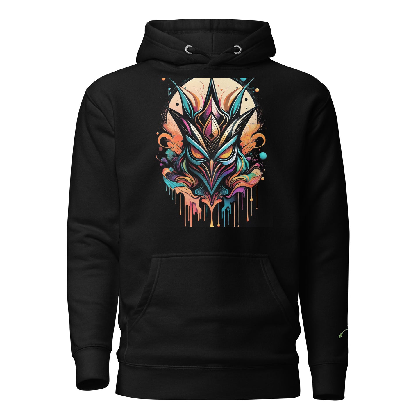 LuckeLadybug black hoodie featuring vibrant graffiti-inspired art hoodie design on front with colorful dripping paint details