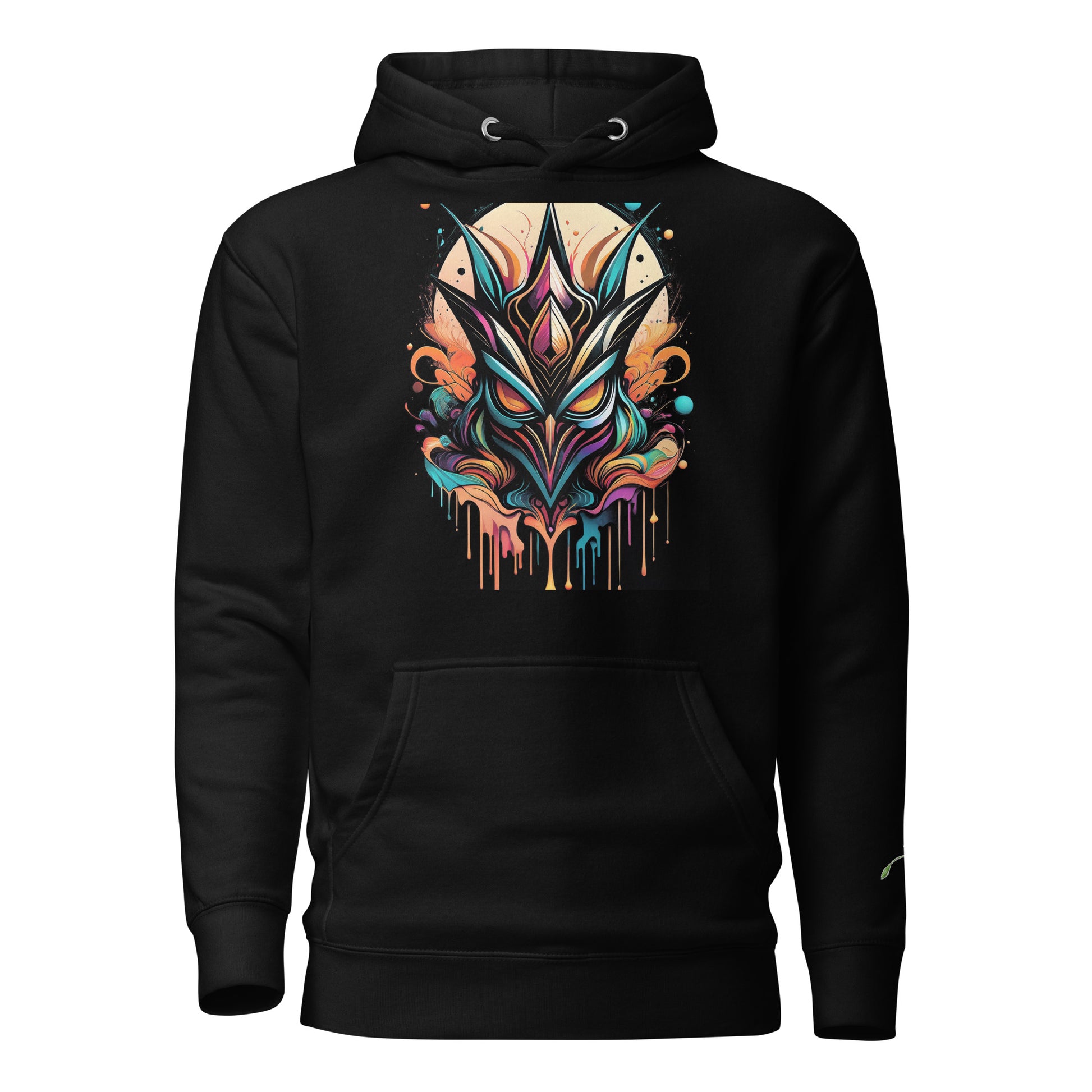 LuckeLadybug black hoodie featuring vibrant graffiti-inspired art hoodie design on front with colorful dripping paint details