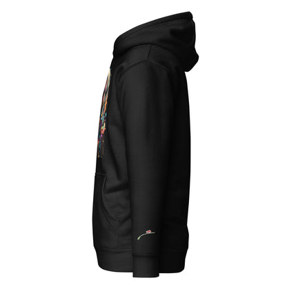 LuckeLadybug black graffiti-inspired art hoodie with colorful front design and front pocket