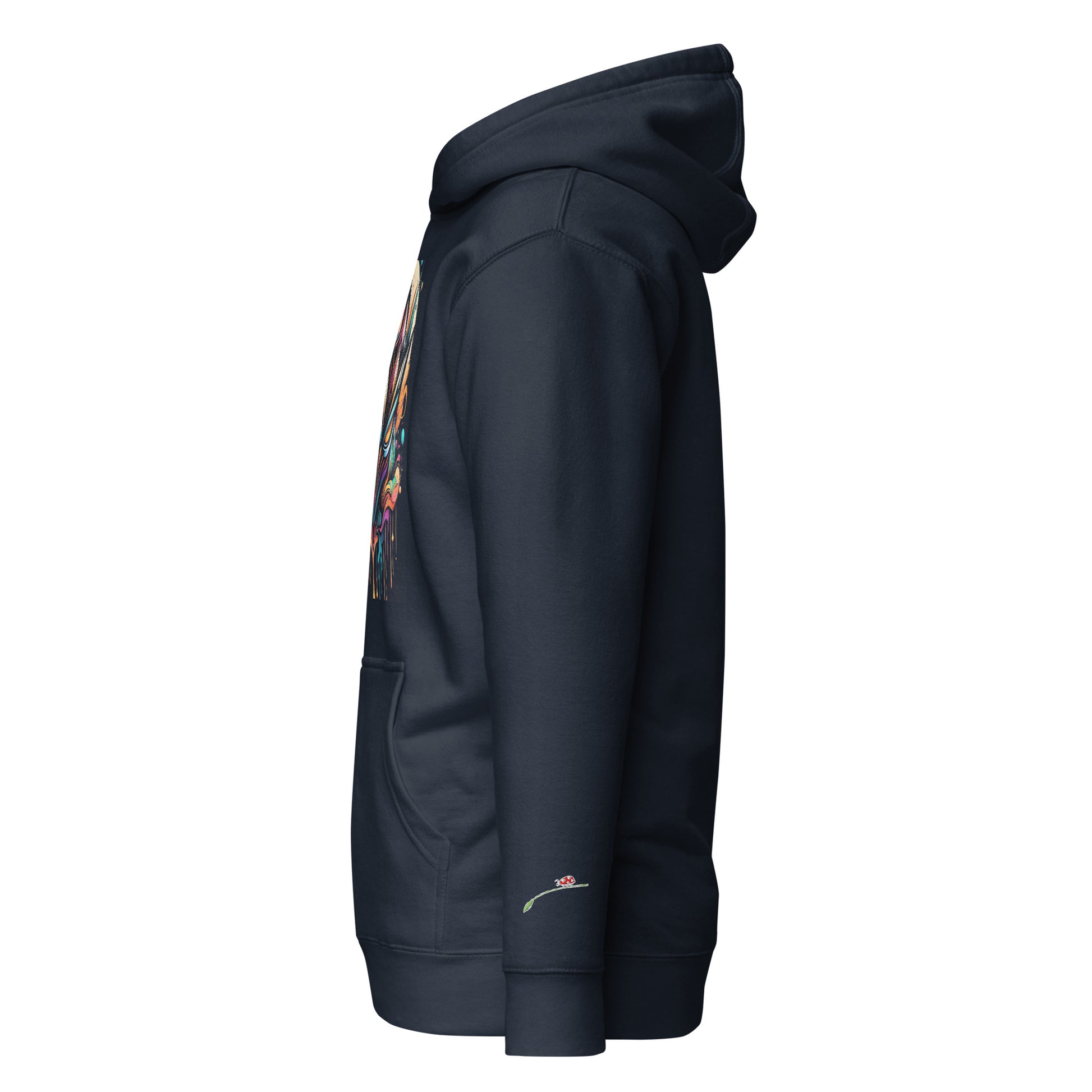 LuckeLadybug black graffiti-inspired art hoodie with colorful front design and front pocket side view