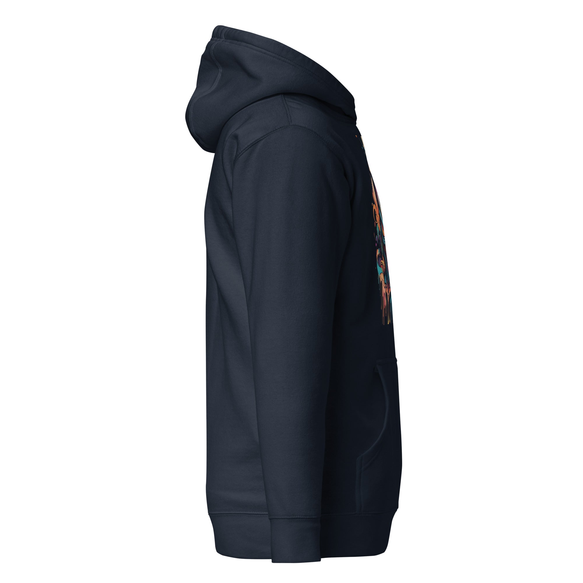 Side view of LuckeLadybug graffiti-inspired art hoodie in black with a front pocket and hood